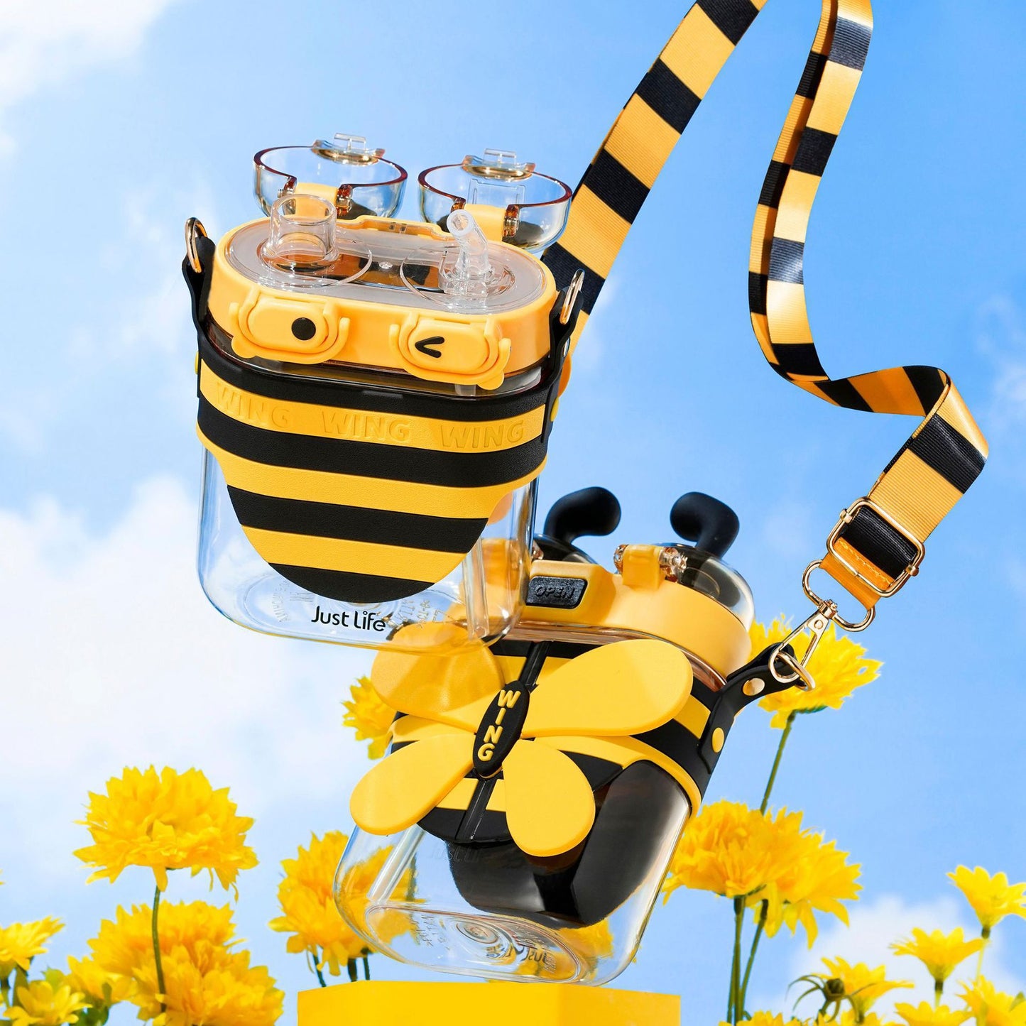 19 oz Bee Water Bottle Double Drinking Design