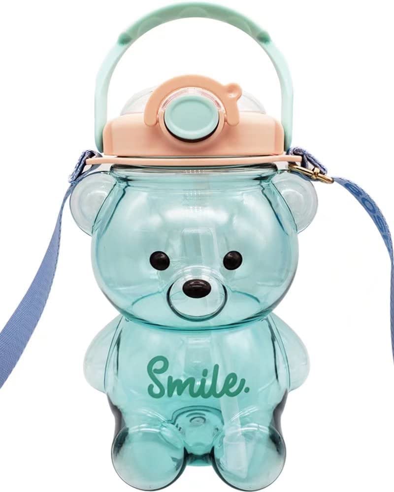 Dreamfocus Cute Bear Water Bottles with Straw, 3D Stickers and Strap, Kawaii Water Bottle for Kids School Boys Girls