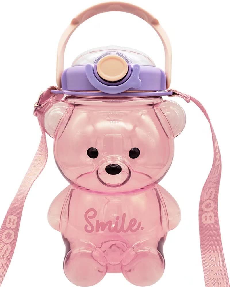 Dreamfocus Cute Bear Water Bottles with Straw, 3D Stickers and Strap, Kawaii Water Bottle for Kids School Boys Girls