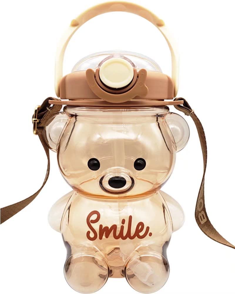 Dreamfocus Cute Bear Water Bottles with Straw, 3D Stickers and Strap, Kawaii Water Bottle for Kids School Boys Girls