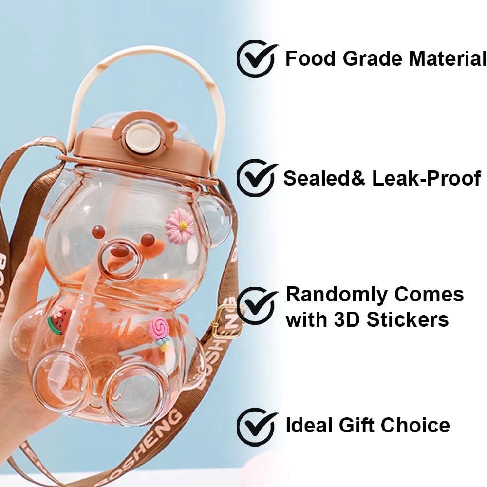 Dreamfocus Cute Bear Water Bottles with Straw, 3D Stickers and Strap, Kawaii Water Bottle for Kids School Boys Girls